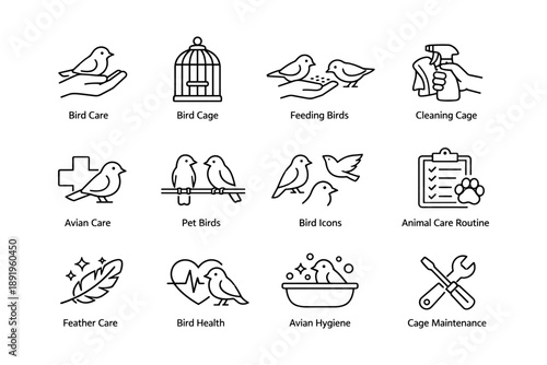 Bird care icons: feeding, cage maintenance, health and hygiene