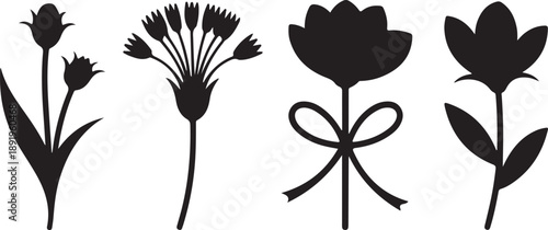 Minimalist flower silhouette collection with simple stems and leaves icons for nature branding art