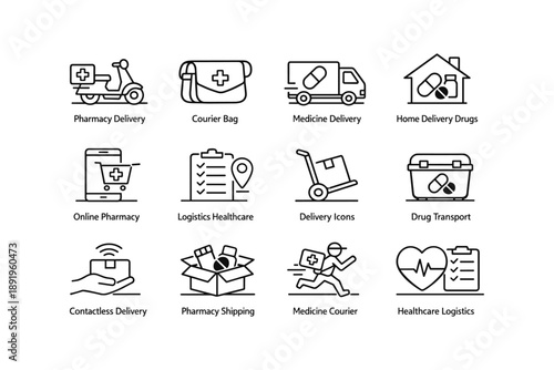 Healthcare logistics icons: pharmacy delivery and online services