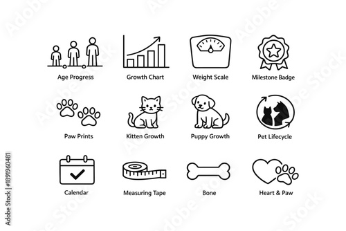 Pet growth icons: age progress, weight scale, kitten and puppy development