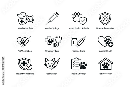 Pet health icons featuring vaccination, veterinary care, and disease prevention symbols