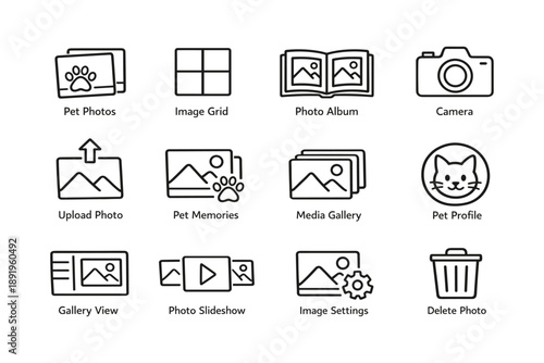 Collection of pet-themed icons: photos, camera, gallery, and settings