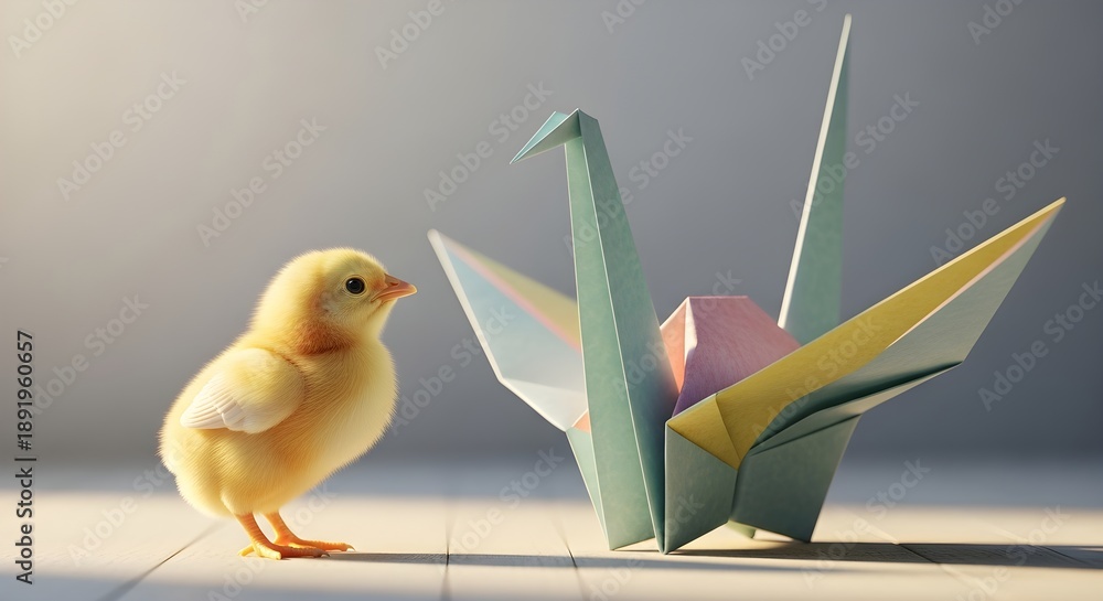 Naklejka premium A tiny, fluffy yellow chick with bright eyes curiously observes a delicate, folded origami crane, hinting at themes of new beginnings and simple wonders