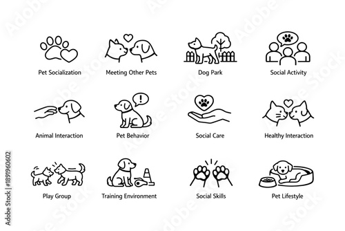 Pet socialization icons: animal interaction, dog park, social skills