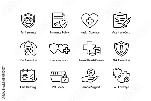 Comprehensive insurance icons: pet, health, financial, veterinary safety symbols