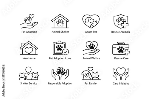 Animal adoption icons: pet shelter, rescue, welfare, and care