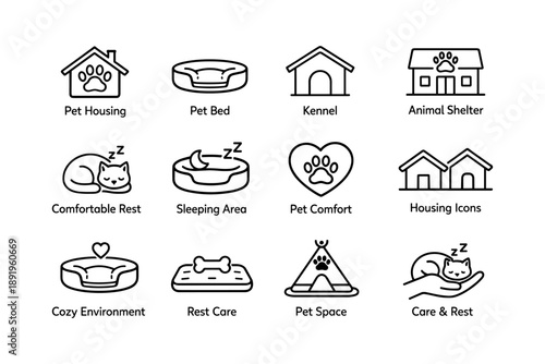 Pet housing and comfort icons set featuring beds and shelters