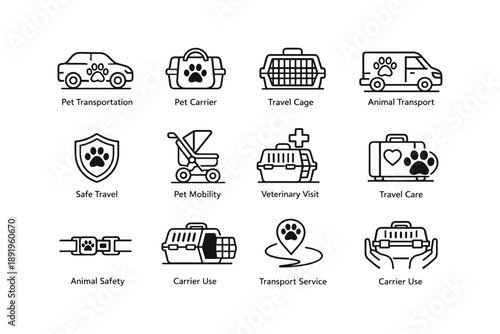 Pet transportation icons: carriers, travel, care, and safety illustrations