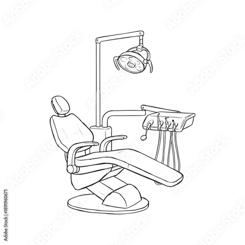 Line art illustration of a professional dental chair and medical equipment
