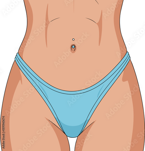 Female body midsection in blue underwear, flat vector illustration of healthy slim waist and abdomen, beauty, fitness and body care concept