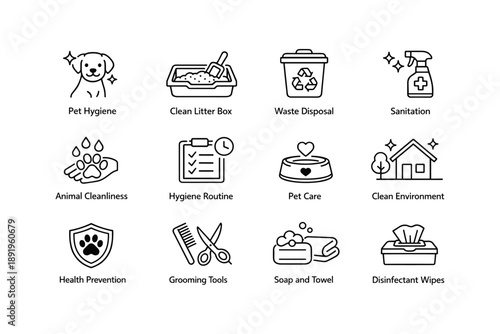 Pet hygiene icons set: cleanliness routine and sanitation tools for health prevention
