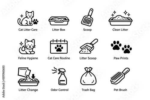 Cat litter care icons: hygiene, cleaning, and maintenance essentials illustrated