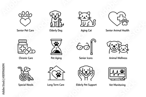 Pet care icons for senior animal health and wellness support