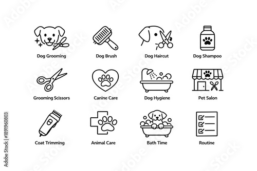 Dog grooming icons: tools, care, and hygiene for pet salons