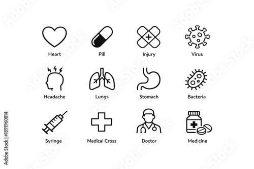 Medical icons set: heart, pill, injury, virus, headache, lungs, stomach, bacteria, syringe, medical cross, doctor, medicine