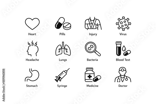 Medical icons set: health, symptoms, and treatments overview