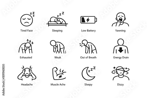 Icons depicting fatigue and exhaustion with sleepy and dizzy expressions