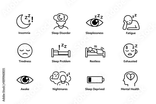Icons depicting sleep issues and mental health concerns