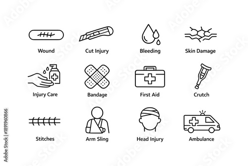 Injury and first aid symbols: wound, bandage, ambulance, crutch, bleeding icons