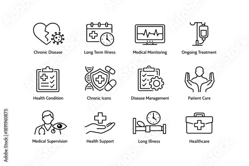 Chronic disease icons: medical monitoring, treatment, and patient care symbols
