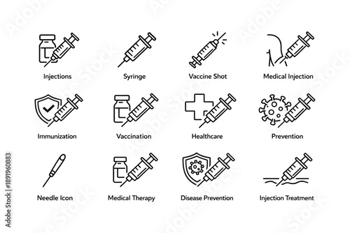 Vaccine and syringe icons for medical and healthcare immunization designs