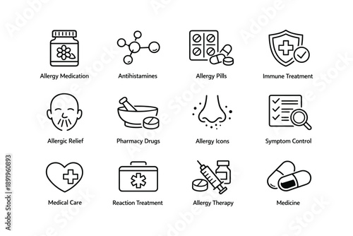 Allergy medication and treatment icons: antihistamines, immune support, symptom relief
