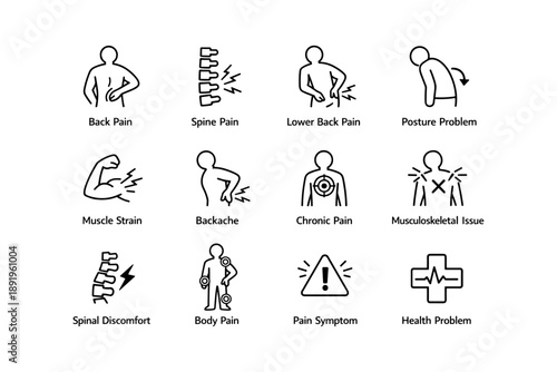 Icons depicting back pain and musculoskeletal issues