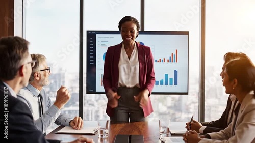 Confident businesswoman leading meeting with financial data presentation