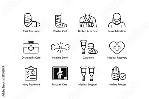 Medical treatment icons for casts and fractures