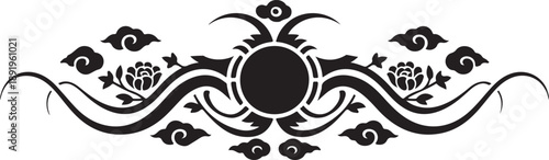 Symmetrical floral ornament with wavy vines clouds and circular center for traditional decoration