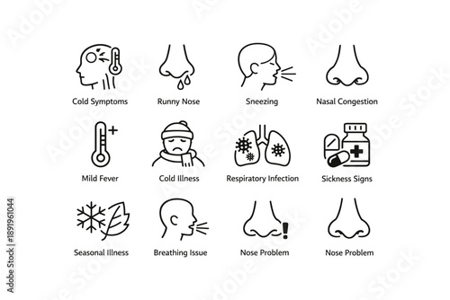 Cold symptoms icons: runny nose, sneezing, fever, respiratory issues