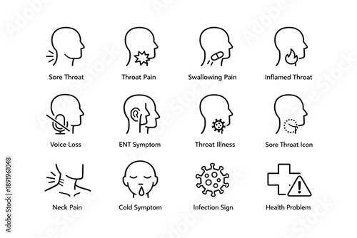Throat and health symptom icons: sore, pain, infection, cold, health problem symbols