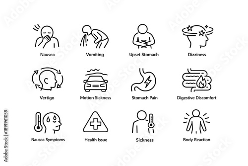 Symptoms of motion sickness and digestive discomfort illustrated icons
