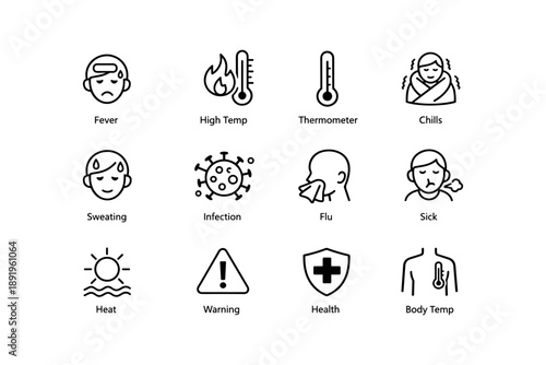 Medical icons: fever, high temperature, thermometer, chills, health symbols