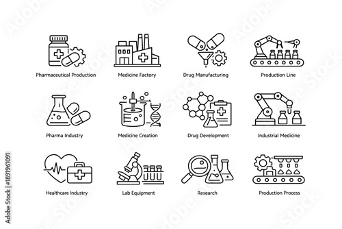Pharmaceutical and medicine industry icons illustrating drug development and production