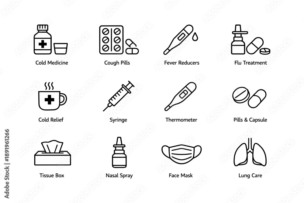 Fototapeta premium Medical icons: cold medicine, thermometer, face mask, syringe, lung care illustrations