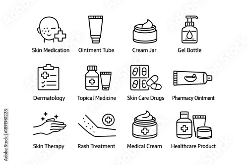 Dermatology icons: skin medication, ointment tube, cream jar, gel bottle, pharmacy ointment