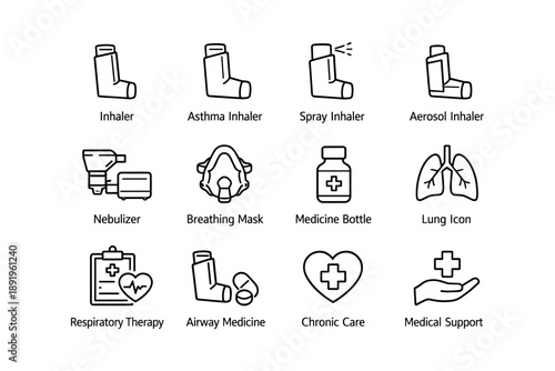 Medical inhaler and respiratory therapy icons set