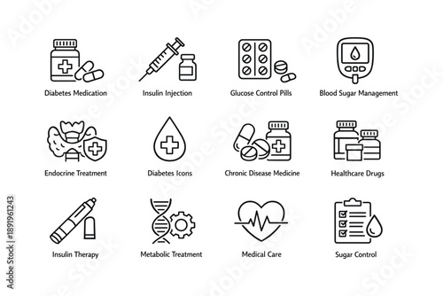 Diabetes treatment icons with medication, insulin, and healthcare symbols