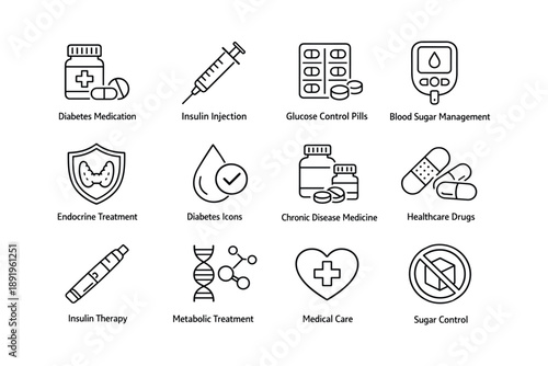 Diabetes management icons: medication, insulin, glucose control, blood sugar, healthcare