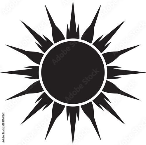 Stylized sun with sharp rays in black silhouette for solar or celestial themes