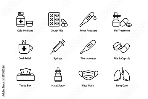 Medical icons: cold medicine, thermometer, face mask, syringe, lung care illustrations