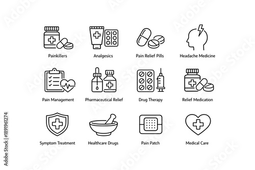 Medical icon set featuring painkillers, analgesics, and healthcare solutions