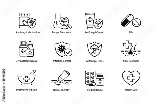 Antifungal treatment icons: creams, pills, medical drugs, and health care symbols