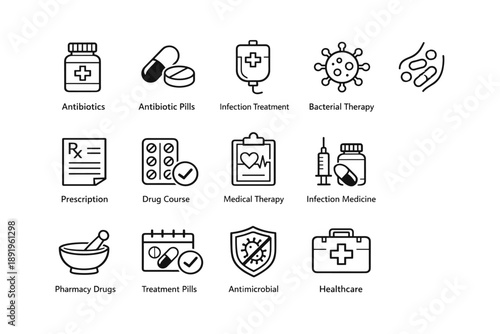 Medical icons including antibiotics, prescription, and healthcare treatment tools
