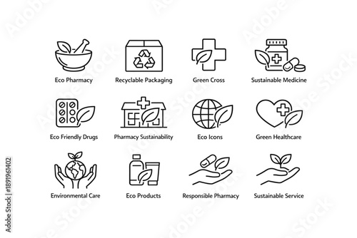 Eco pharmacy icons: sustainable medicine and recyclable packaging symbols