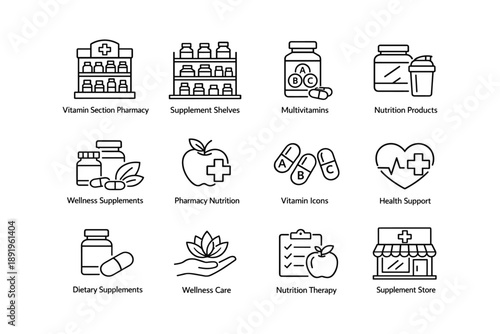 Pharmacy nutrition icons: supplements, multivitamins, and wellness care