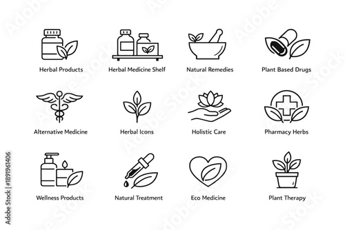 Herbal and natural remedies line icons for wellness and eco-friendly medicine