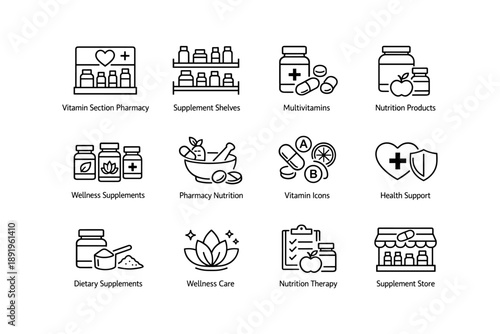 Nutrition and wellness icons: supplements, vitamins, pharmacy, health support