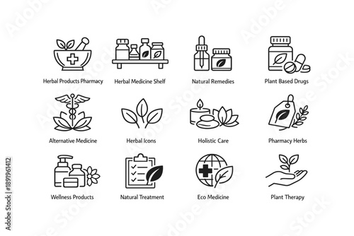 Herbal and natural remedies icons: wellness, medicine, plant-based care, holistic treatments